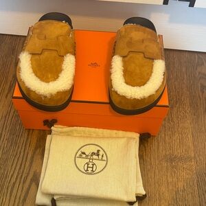 Hermes Brown Suede Loafers with Shearling GO mules